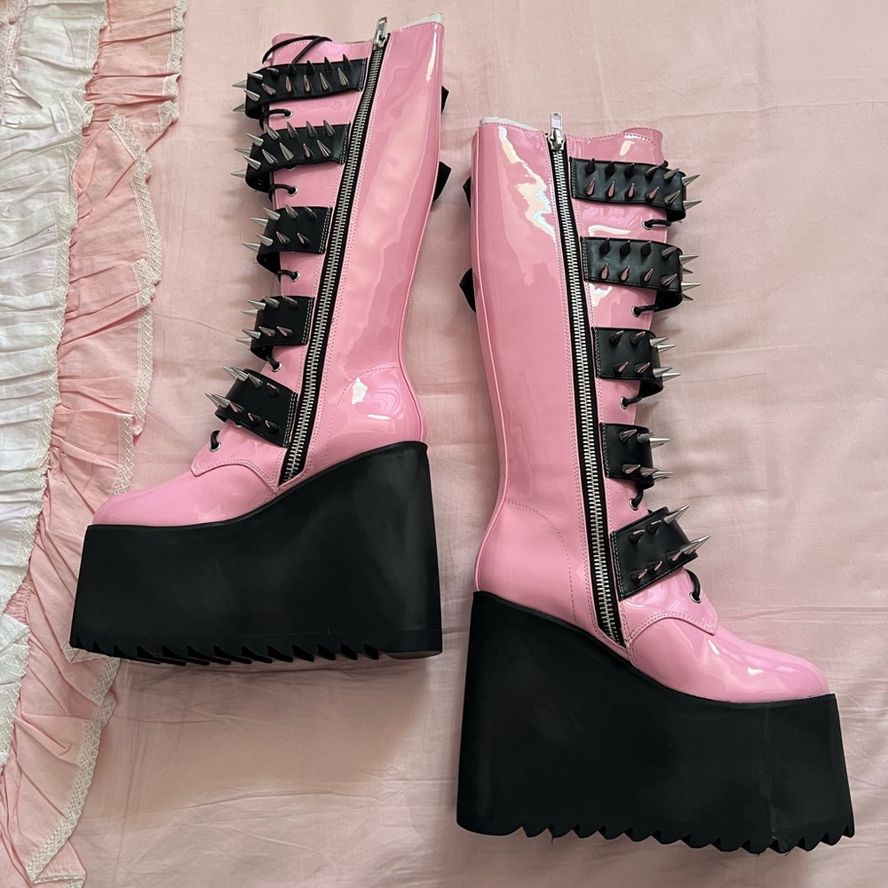 COPY - Dolls Kill Widow Pink and Black Spiked Platform Boots - Picture 3 of 5